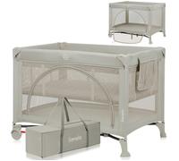 Lit parapluie compact 2en1 LIONELO Laura - Parc bébé - Matelas haute densité - Roulettes - 0-36 mois - 2 niveaux du matelas - Beige
