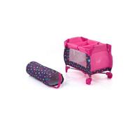 Lit parapluie pliable avec plan a langer amovible pour poupee 46 cm - Rose, coeurs - Lit voyage poupon - Set
