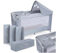 Moby-System Lit parapluie/parc 2-en-1 – 2 niveaux (0-6m/6-36m) – Table à langer, sac, roues – Gris