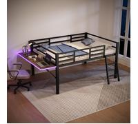Lit plat, 140 x 200 cm, Lit en métal, Sans matelas, Garde-corps, Échelle, Bureau, Bande lumineuse LED télécommandée, Noir