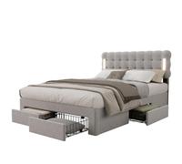 Lit plat rembourré, avec grand espace de rangement, éclairage des deux côtés du lit, quatre tiroirs au bout du lit, sans matelas, 140 x 200 cm, gris