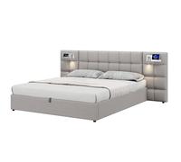 Lit plateforme avec support à lattes, rangement dissimulé sous sommier, recharge sans fil intégrée, tête matelassée épaisse, lampe tactile, montage simplifié, style contemporain (Gris,180x200cm)