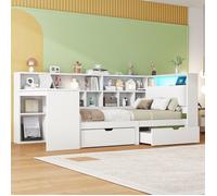 Lit plateforme en bois en forme de L 90x200 avec bureau et bibliothèque, lit capitaine d'angle avec tête de lit rembourrée, tiroirs