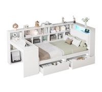 Lit plateforme en bois en forme de L avec bureau intégré et bibliothèque ouverte, tête de lit rembourrée avec LED et espace de rangement, tiroirs coulissants, station de charge USB (Blanc,90x140cm)