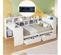 Lit plateforme en L 90x200 cm - lit capitaine d'angle 1 place avec bureau rangements tiroirs et LED blanc