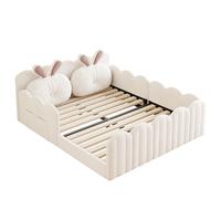 Lit plateforme rembourré avec coussin de lapin, cadre en bois massif MDF, garde-corps intégré, construction de sommier à lattes stable, design moderne avec oreilles de lapin, tête de lit douce (beige