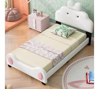 Lit plateforme rembourré avec tête de lit et pied de lit en cuir synthétique, lit à plateforme basse avec support à lattes en bois pour chambre de garçons et filles