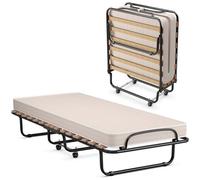 CostwayLit Pliant sur Roulettes 190 x 80 x 33 CM (L x l x H) Lit d'Appoint avec Matelas en Mousse 6,5 CM pour Maison et Bureau Beige