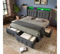 Lit Polster 160 x 200 cm avec Tissu en Lin Coton, Tête de Lit LED, Fonction de Charge USB Type C et 4 Tiroirs de Rangement, Lit Hydraulique avec Sommier en Bois et Métal, Charge Maximale 300 kg, Gris