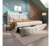 Lit Polster 180 x 200 cm avec Tissu en Lin Coton, Tête de Lit LED, Fonction de Charge USB Type C et 4 Tiroirs de Rangement, Lit Hydraulique avec Sommier en Bois et Métal, Charge Maximale 300 kg, Beige