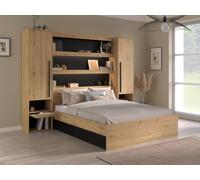 Lit pont 140 x 190/200 cm avec rangements - Avec LEDs - Coloris : Naturel et noir - VARLY