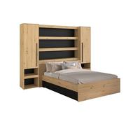 Lit pont 140 x 190/200 cm avec rangements - Avec LEDs - Coloris : Naturel et noir - VARLY