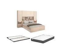 Vente-unique - Lit Pont 140 x 190 cm avec rangements - avec LEDs - Coloris : Beige et Naturel + Sommier + Matelas - DOMELITO