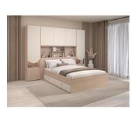Lit pont 140 x 190 cm avec rangements - Avec LEDs - Coloris : Beige et naturel + Sommier + Matelas - DOMELITO