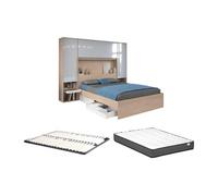 Lit pont 140 x 190 cm avec rangements - avec LEDs - Coloris : Naturel et blanc brillant + Sommier + Matelas - VELONA