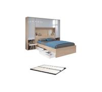 Lit pont 140 x 190 cm avec rangements - avec LEDs - Coloris : Naturel et blanc brillant + Sommier - VELONA