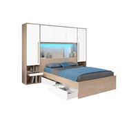 Lit pont 140 x 190 cm avec rangements - Avec LEDs - Coloris : Naturel et blanc brillant - VELONA