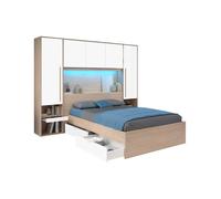 Lit pont 140 x 190 cm avec rangements - Avec LEDs - Coloris : Naturel et blanc brillant - VELONA