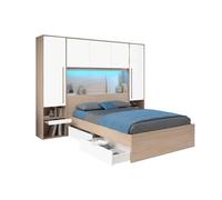 Lit pont 140 x 190 cm avec rangements - Avec LEDs - Coloris : Naturel et blanc brillant - VELONA