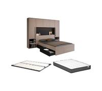 Lit pont 140 x 190 cm avec rangements - Avec LEDs - Coloris : Naturel et noir + Sommier + Matelas - VELONA