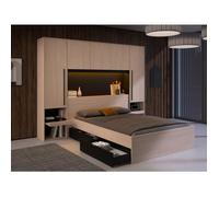 Lit pont 140 x 190 cm avec rangements - Avec LEDs - Coloris : Naturel et noir - VELONA