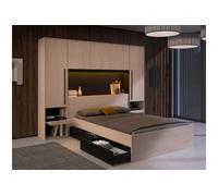 Lit pont 140 x 190 cm avec rangements - Avec LEDs - Coloris : Naturel et noir - VELONA