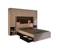 Lit pont 140 x 190 cm avec rangements - Avec LEDs - Coloris : Naturel et noir - VELONA