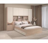 Lit pont 160 x 200 cm avec rangements - Avec LEDs - Coloris : Beige et naturel - DOMELITO