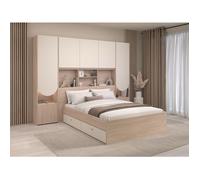 Vente-unique - Lit Pont 160 x 200 cm avec rangements - avec LEDs - Coloris : Beige et Naturel - DOMELITO