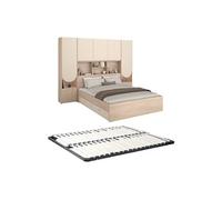 Vente-unique - Lit Pont 160 x 200 cm avec rangements - avec LEDs - Coloris : Beige et Naturel + Sommier - DOMELITO