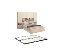 Lit pont 160 x 200 cm avec rangements - Avec LEDs - Coloris : Beige et naturel + Sommier - DOMELITO