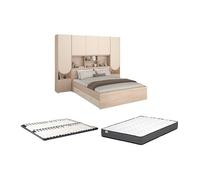 Vente-unique - Lit Pont 160 x 200 cm avec rangements - avec LEDs - Coloris : Beige et Naturel + Sommier + Matelas - DOMELITO