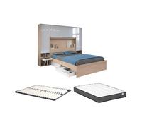 Lit pont 160 x 200 cm avec rangements - avec LEDs - Coloris : Naturel et blanc brillant + Sommier + Matelas - VELONA