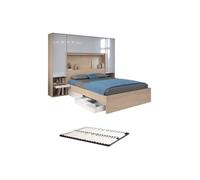 Lit pont 160 x 200 cm avec rangements - avec LEDs - Coloris : Naturel et blanc brillant + Sommier - VELONA