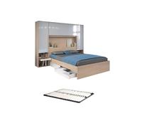 Lit pont 160 x 200 cm avec rangements - avec LEDs - Coloris : Naturel et blanc brillant + Sommier - VELONA