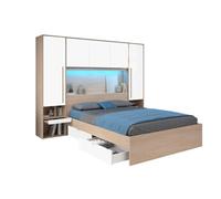 Lit pont 160 x 200 cm avec rangements - avec LEDs - Coloris : Naturel et blanc brillant - VELONA