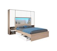 Lit pont 160 x 200 cm avec rangements - avec LEDs - Coloris : Naturel et blanc brillant - VELONA