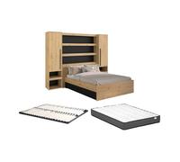 Lit pont 160 x 200 cm avec rangements - Avec LEDs - Coloris : Naturel et noir + Sommier + Matelas - VARLY
