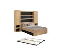 Lit pont 160 x 200 cm avec rangements - Avec LEDs - Coloris : Naturel et noir + Sommier - VARLY