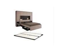 Lit pont 160 x 200 cm avec rangements - Avec LEDs - Coloris : Naturel et noir + Sommier - VELONA