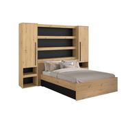 Lit pont 160 x 200 cm avec rangements - Avec LEDs - Coloris : Naturel et noir - VARLY