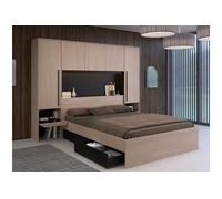 Lit pont 160 x 200 cm avec rangements - Avec LEDs - Coloris : Naturel et noir - VELONA