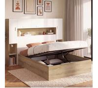 IDMarket - Lit Pont Armoire Bridget Coffre sommier 140 x 190 cm | Avec rangement bois et blanc