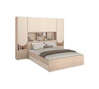 Vente-unique - Lit Pont 160 x 200 cm avec rangements - avec LEDs - Coloris : Beige et Naturel - DOMELITO