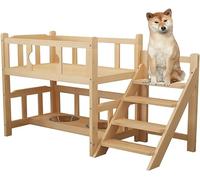 Lit pour Chien 2 Couches Grand Lit pour Animaux De Compagnie Lit pour Chien Surélevé Cadre De Lit pour Chien en Bois avec Escalier Et Garde-Corps Meubles pour Animaux De Co, 120x60x70cm