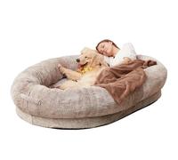 Lit pour chien géant en peluche ultra douce avec base antidérapante et housse lavable en machine avec oreillers et couverture Marron clair