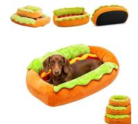 Lit pour Chien Hot Dog, Design Ludique en Forme De Pain À Hot-Dog, Canapé Douillet D'intérieur en Micro-suède Et Velours Côtelé avec Fond Antidérapant pour Chiots Et Petits Animaux (1 pièce M)