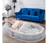 Lit pour chien humain pour adultes, 180 × 122 × 25 cm, gigantesque lit pouf avec couverture, lavable en fausse fourrure nap ovale, grande mousse à mémoire de forme amovible, lit humain, gris