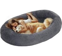 Lit pour chien PawHut Lit pour chat avec housses lavables, poignée de maintien, coussin douillet pour chiens et humains, antidérapant, peluche, gris foncé