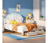 Lit pour enfant 140 x 200 cm, rembourré, avec veilleuse LED, lit double avec sommier à lattes et dossier, tête de lit réglable en hauteur en forme de fleur, 2 tiroirs, sans matelas, en velours, blanc